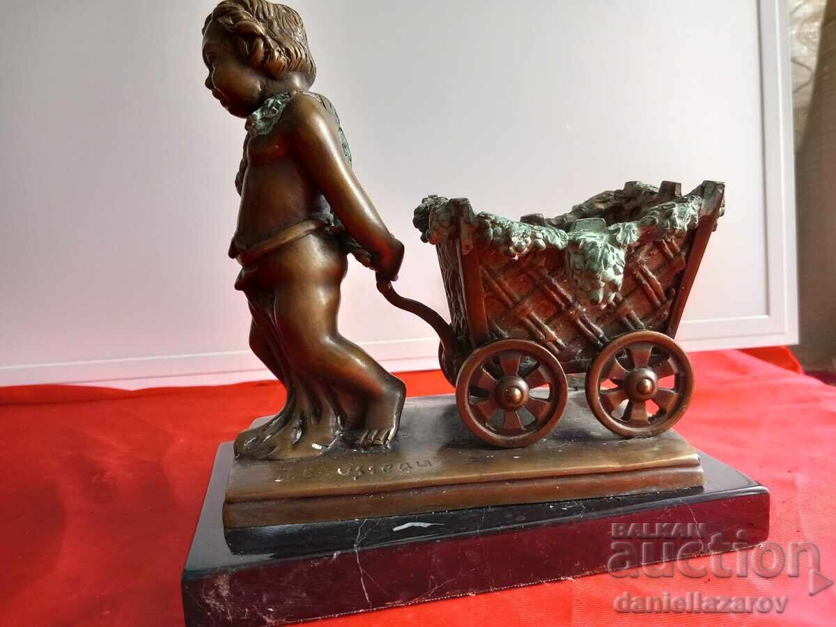 Jacques Bousseau Statuetă Veche de Bronz Heruvim cu Cărucior