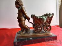 Jacques Bousseau Statuetă Veche de Bronz Heruvim cu Cărucior