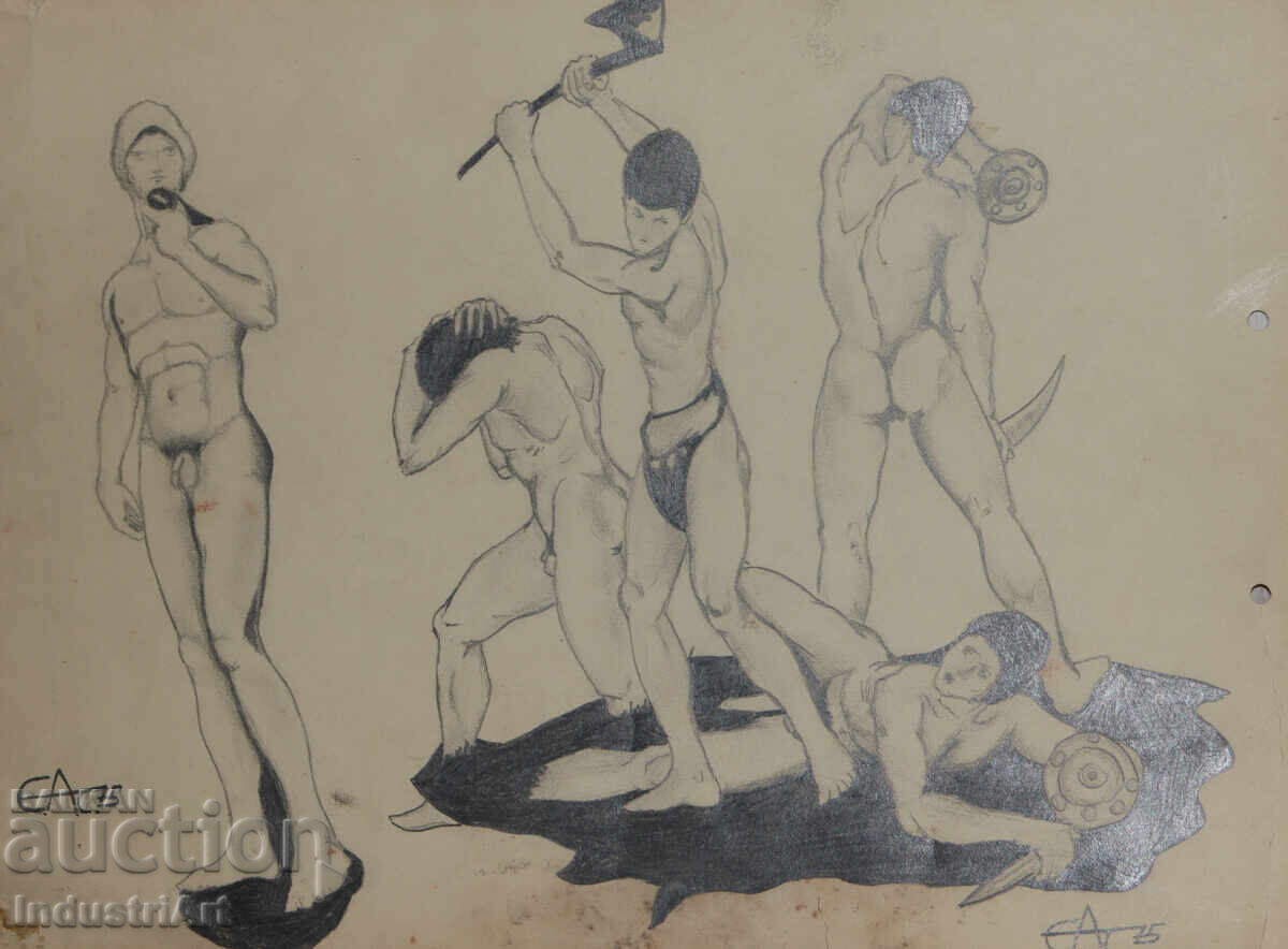 Σχέδιο με μολύβι πορτρέτο γυμνού σώματος φιγούρα σύνθεση με τιμή 160.00 BGN | € 81.81