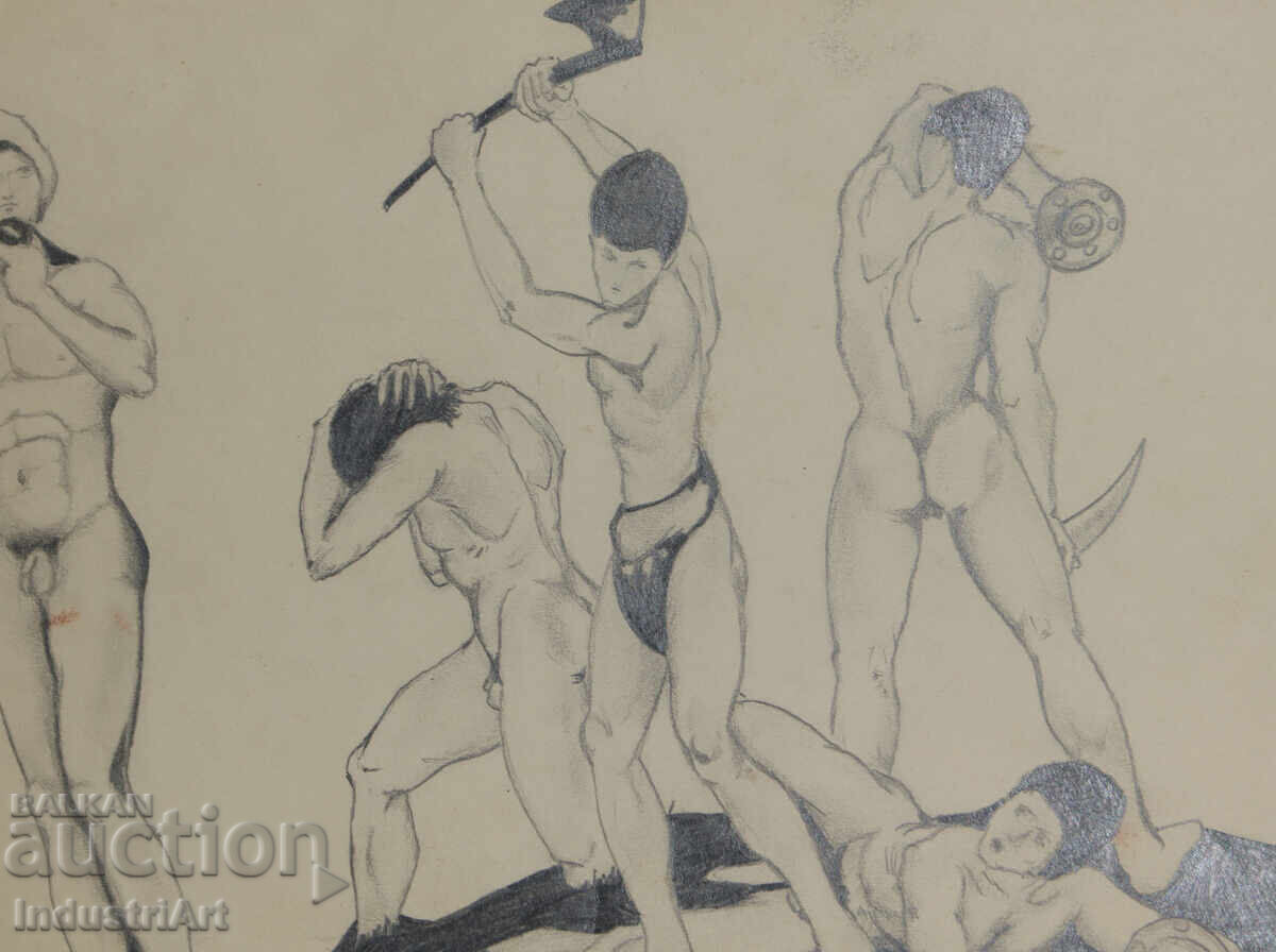 Δημοπρασία Σχέδιο με μολύβι πορτρέτο γυμνού σώματος φιγούρα σύνθεση