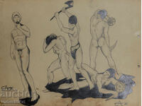 Σχέδιο με μολύβι πορτρέτο γυμνού σώματος φιγούρα σύνθεση