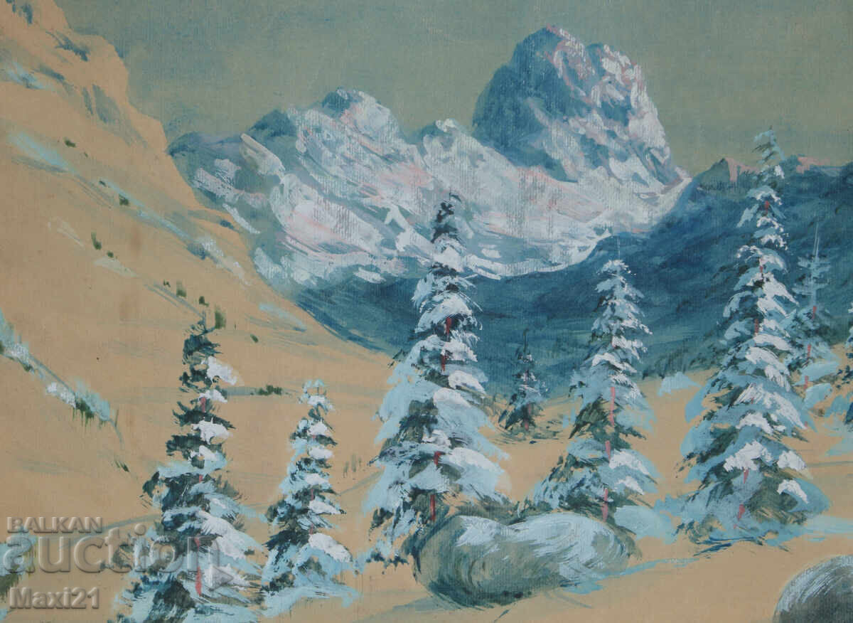 Παράδοση Παλαιό έργο ζωγραφικής με ακουαρέλα, ορεινό τοπίο