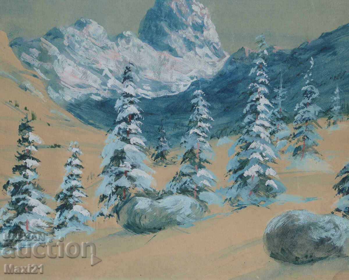 Παλαιό έργο ζωγραφικής με ακουαρέλα, ορεινό τοπίο - 5