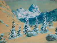 Old watercolor painting mountain landscape