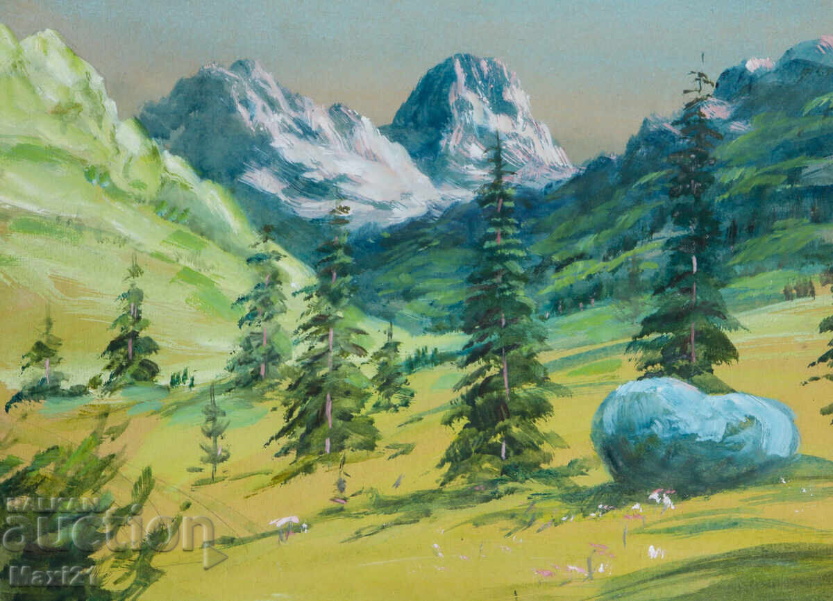 Auction  Old watercolor painting, natural landscape, mountain