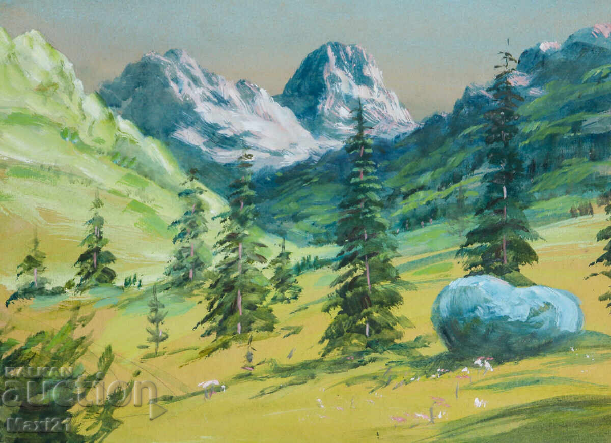 Old watercolor painting, natural landscape, mountain