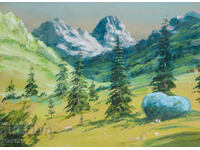 Pictură veche acuarelă peisaj natural munte