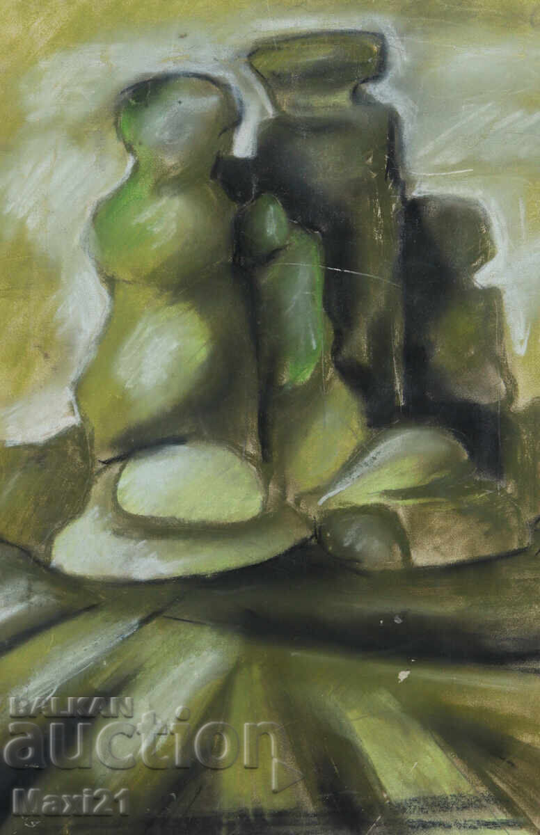 Pictură veche de peisaj pastel stânci Pictură veche de peisaj pastel stânci