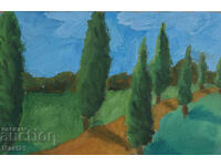 Old landscape painting, tempera paints