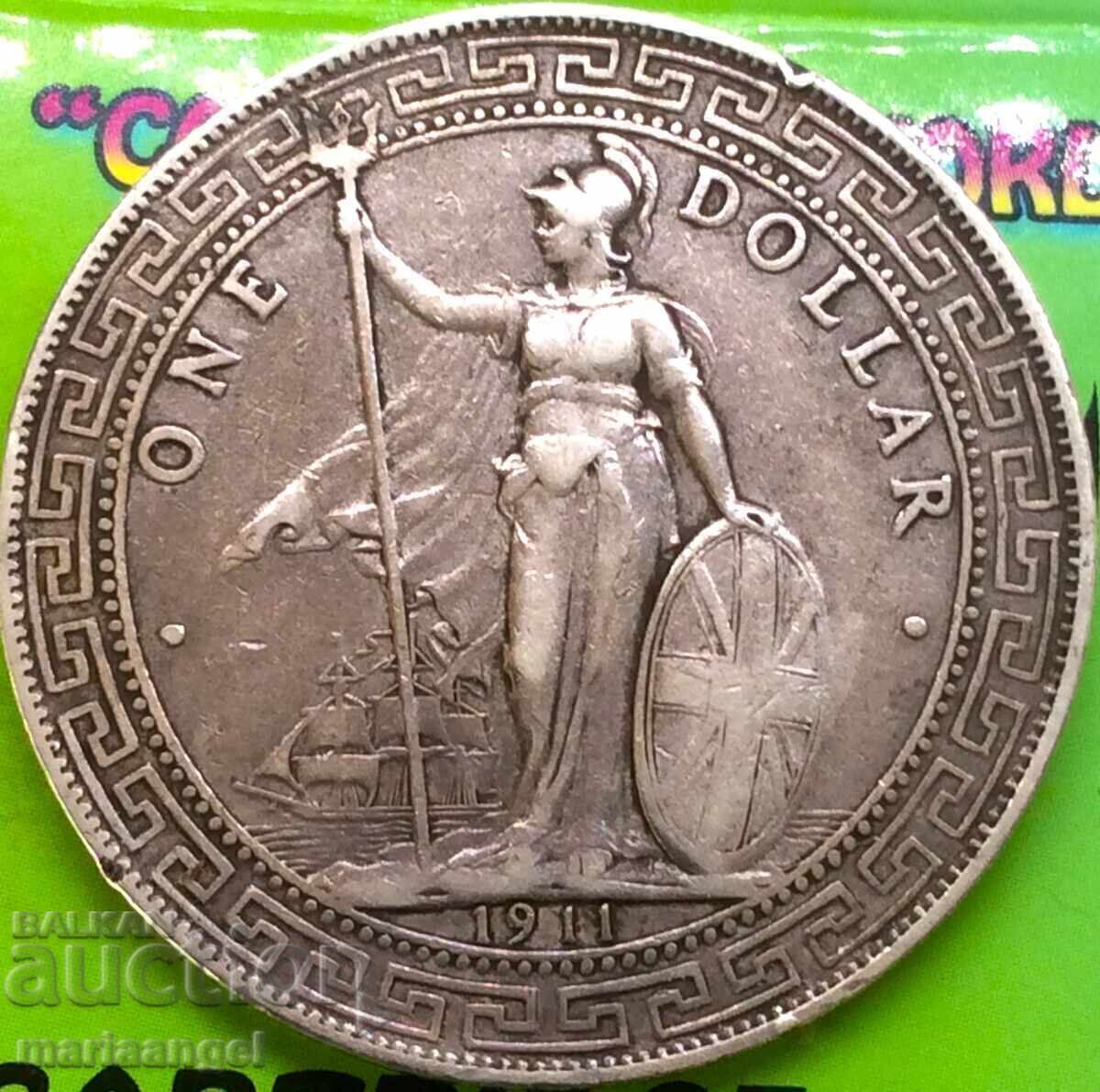 Livrarea 1 dolar comercial 1911 Marea Britanie Hong Kong Argint