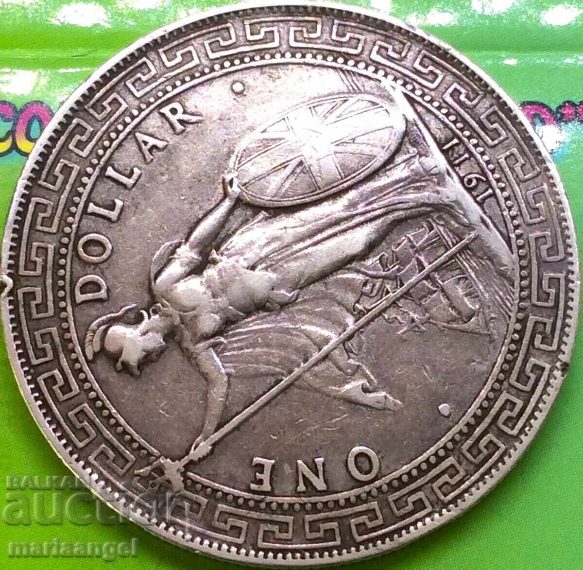 1 dolar comercial 1911 Marea Britanie Hong Kong Argint - 5