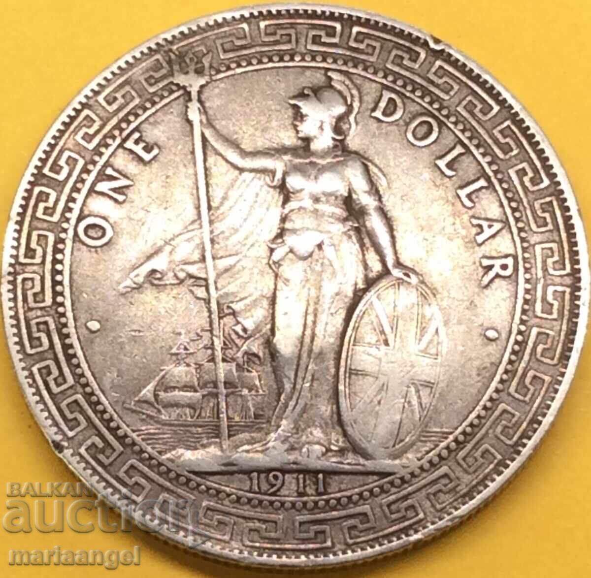 1 dolar comercial 1911 Marea Britanie Hong Kong Argint - 7