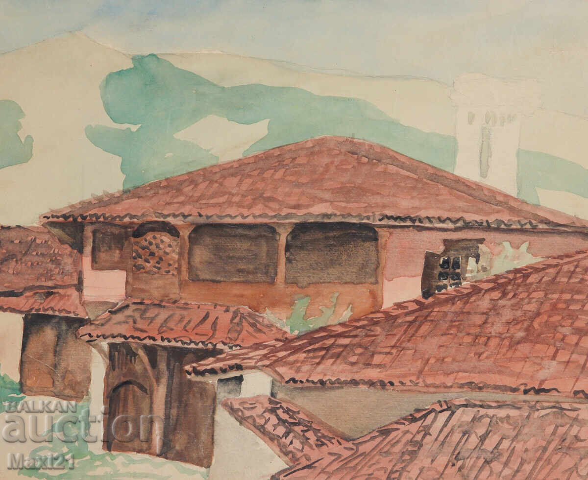 Peisaj urban vechi cu acuarelă