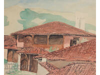 Стара картина акварел градски пейзаж