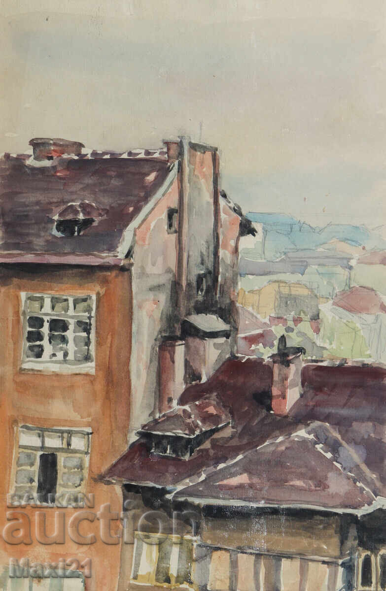 Old watercolor painting cityscape with price 180.00 BGN | € 92.03