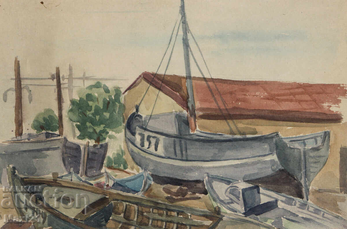 Old watercolor painting landscape boats with price 200.00 BGN | € 102.26