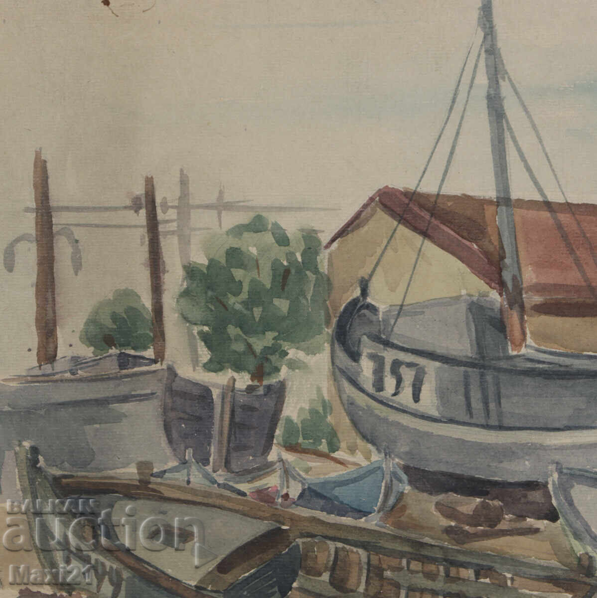 Auction  Old watercolor painting landscape boats