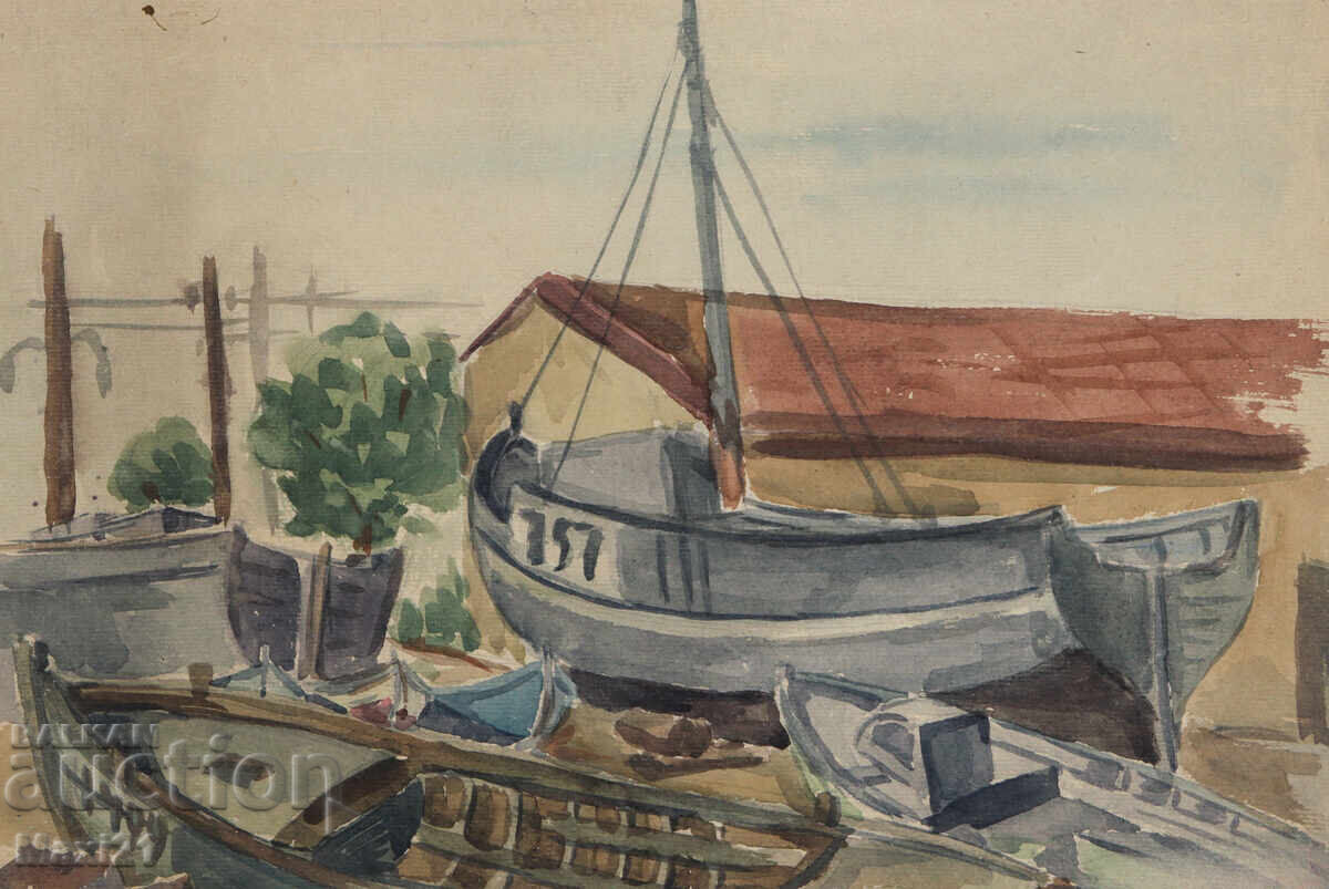 Old watercolor painting landscape boats