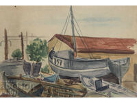 Old watercolor painting landscape boats
