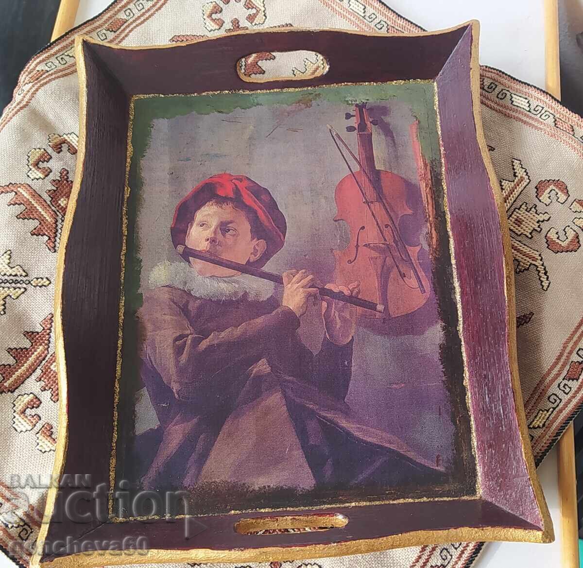 Αντίκα ξύλινος δίσκος και χειροποίητο κέντημα - 6