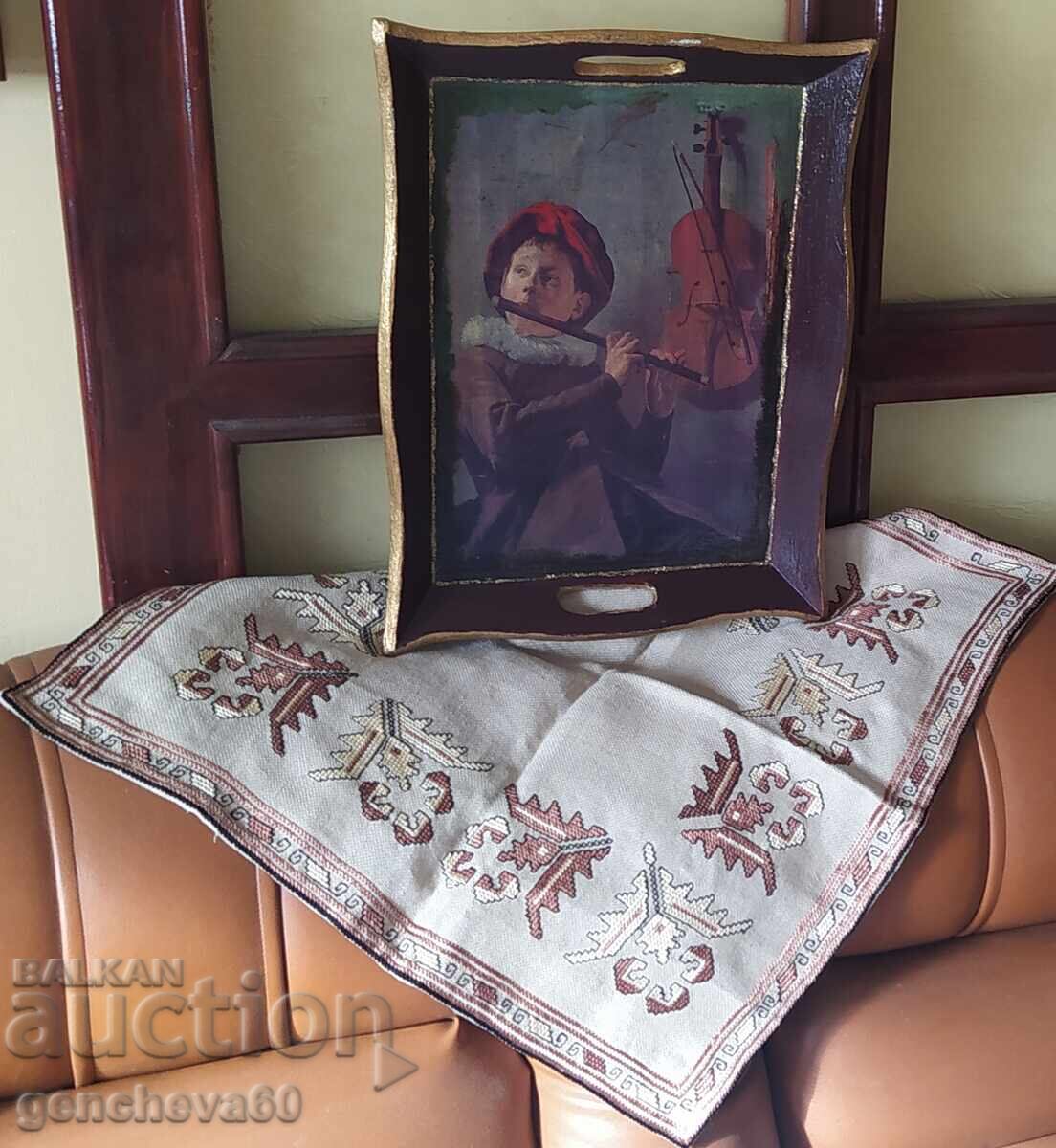 Vintage wooden headboard and hand-embroidered doily