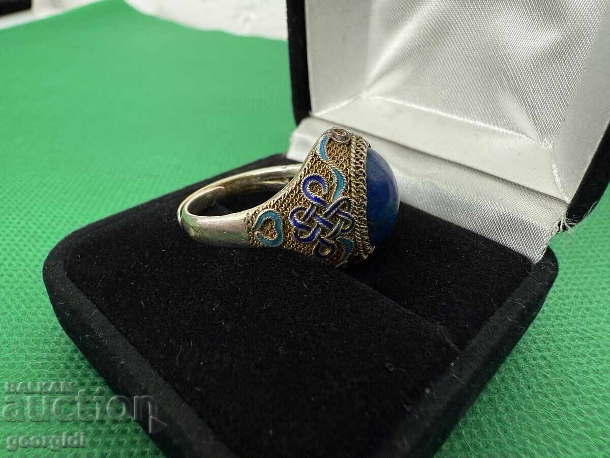Unicat! Inel de argint cu email / aurire și lapis lazuli - 5