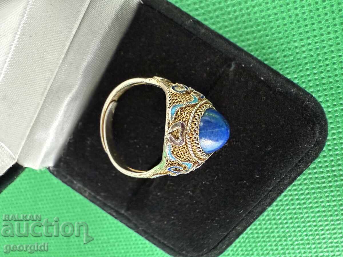 Unicat! Inel de argint cu email / aurire și lapis lazuli - 7