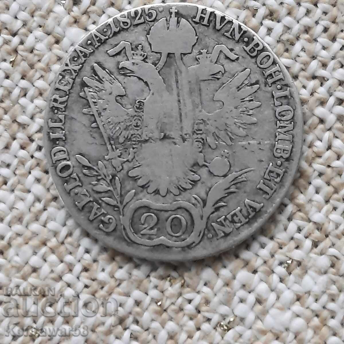 Austria-Hungary 20 Kreuzer 1825 E with price 32.00 BGN | € 16.36
