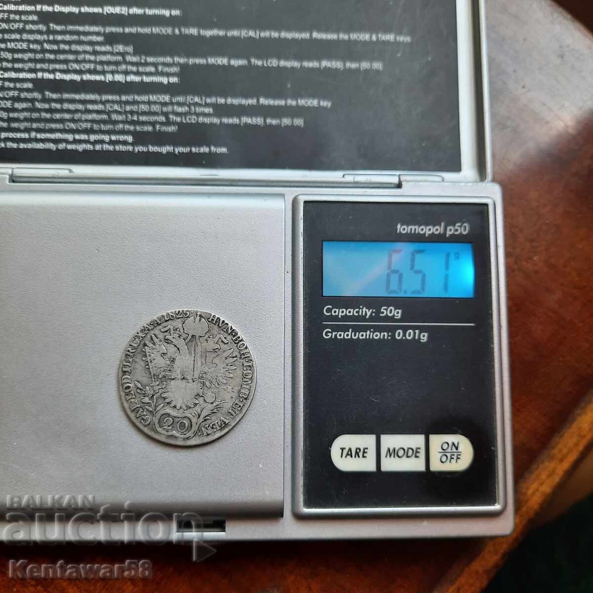 Auction  Austria-Hungary 20 Kreuzer 1825 E Silver