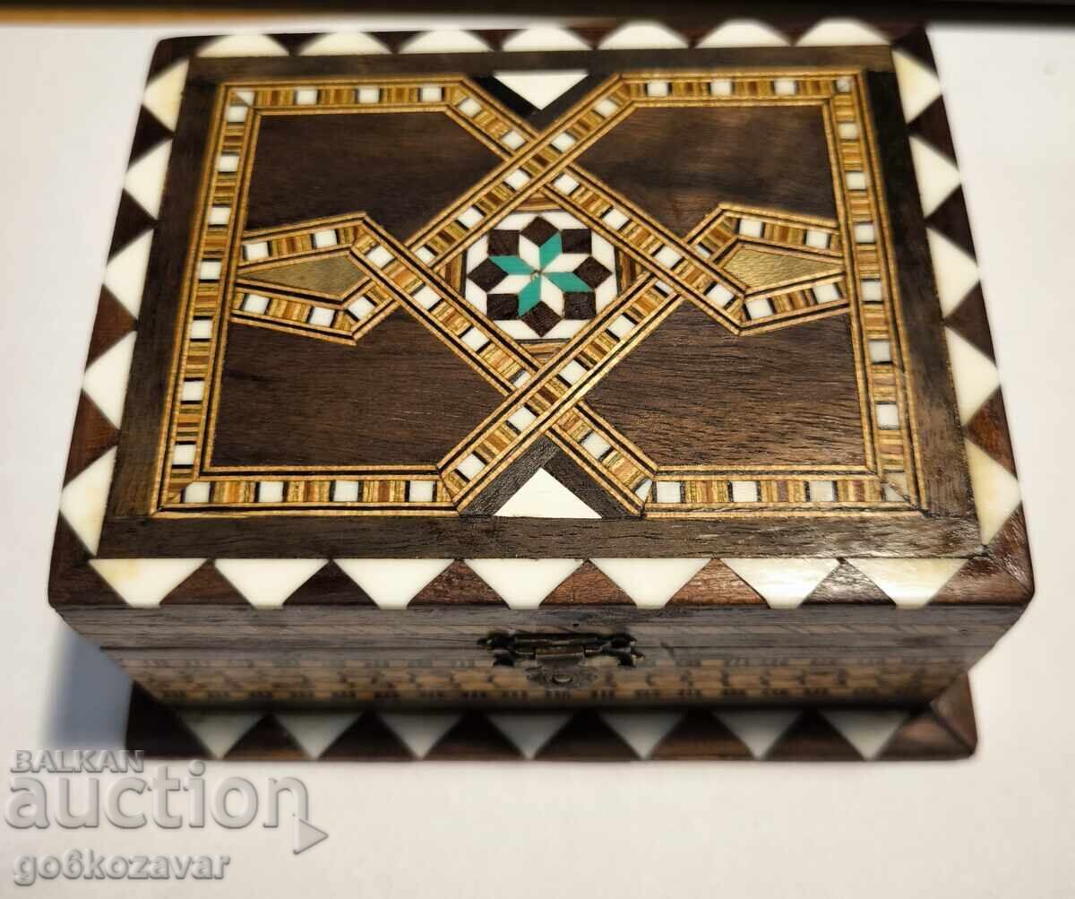 Old wooden box, lacquered mosaic and bone inlay