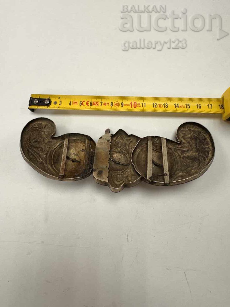 Revival-era silver filigree buckles, forged, colored glass - 5 Revival-era silver filigree buckles, forged, colored glass - 5