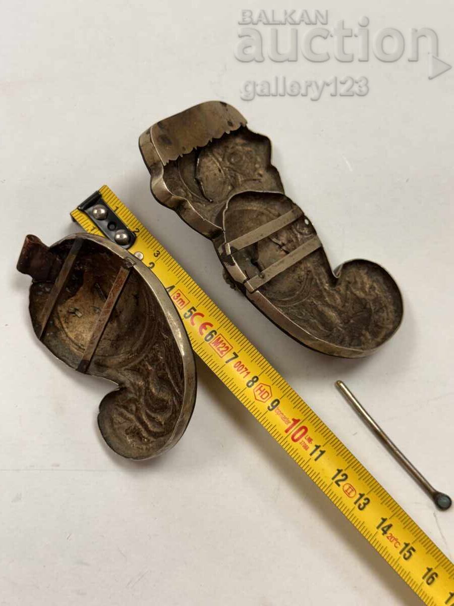 Revival-era silver filigree buckles, forged, colored glass - 6 Revival-era silver filigree buckles, forged, colored glass - 6