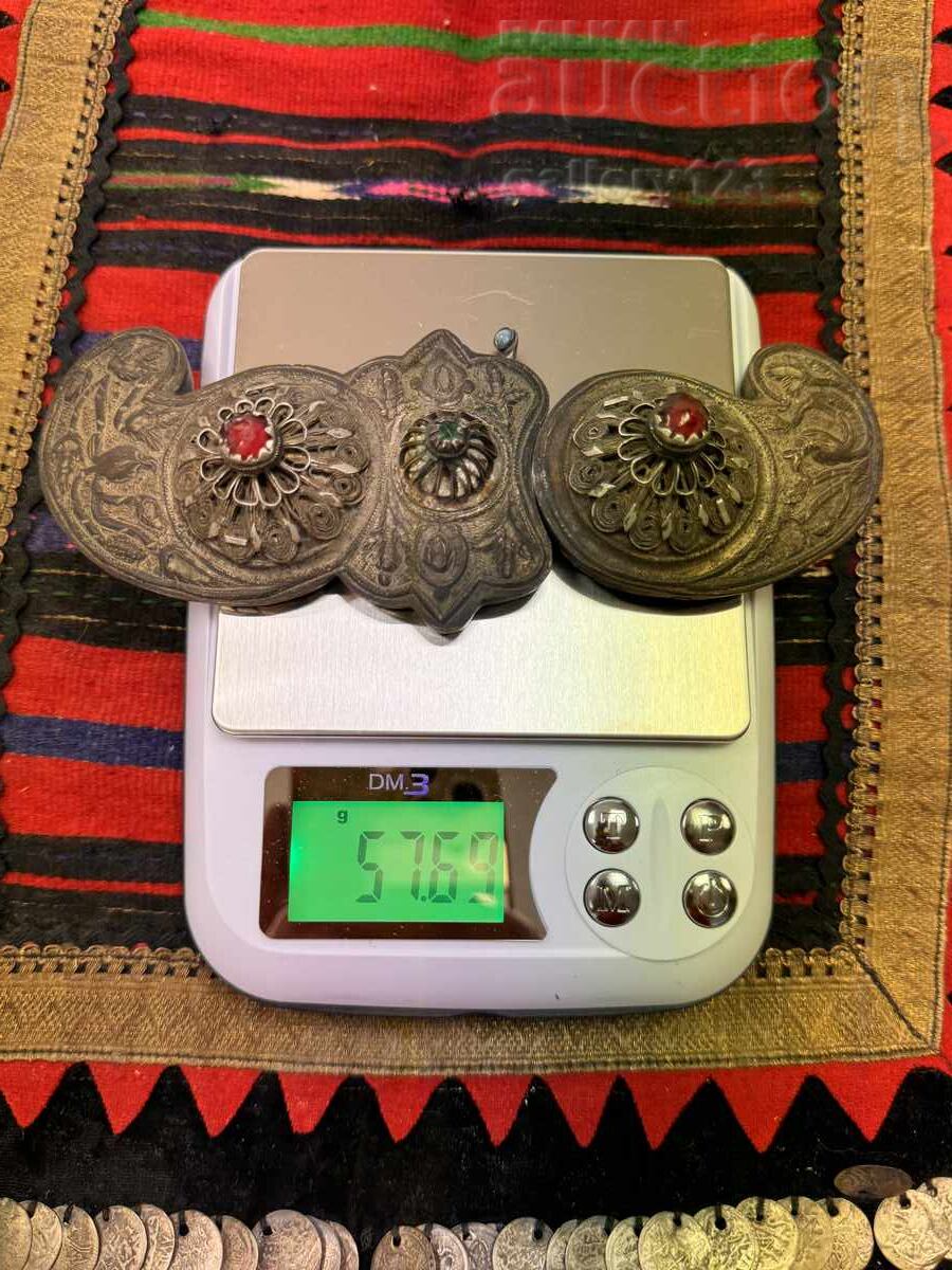 Revival-era silver filigree buckles, forged, colored glass - 7 Revival-era silver filigree buckles, forged, colored glass - 7