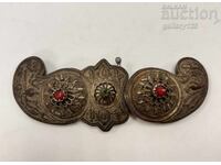 Revival-era silver filigree buckles, forged, colored glass