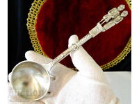 Lingură de cositor pentru nuntă de cositor cu figurine ale soților, leu, barză