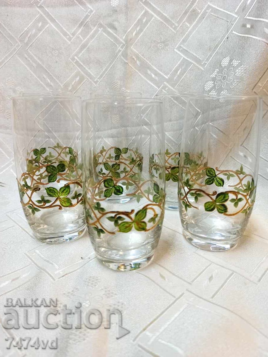 Set of crystal glasses, hand-painted with gilded ornaments