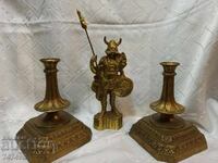 SET OF SOLID BRONZE CANDLESTICKS AND VIKING WARRIOR