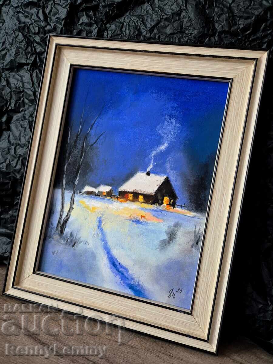 Auction Winter Night, Original Painting, Pastel Auction Winter Night, Original Painting, Pastel