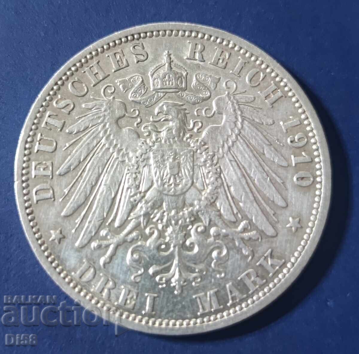 Сребърна Монета Германия Прусия 3 Марки 1910 г БЗЦ