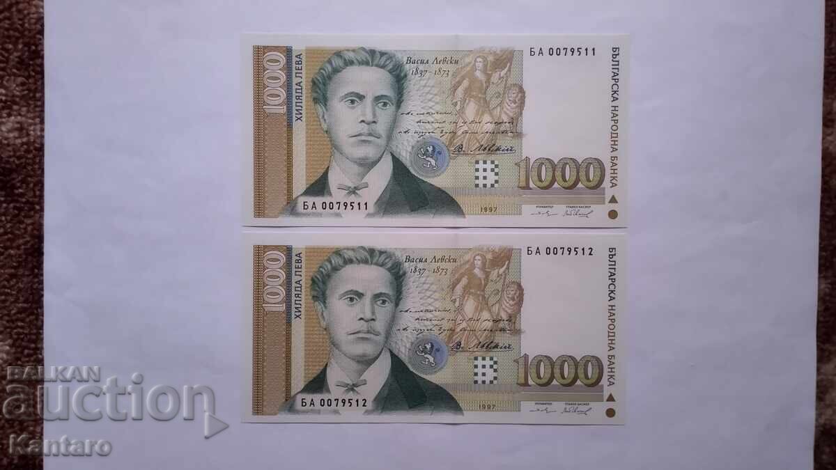 Банкнота - БЪЛГАРИЯ - 1000 лева - 1997 г. -2 броя пор.номера с цена 11.00 лв. | € 5.62