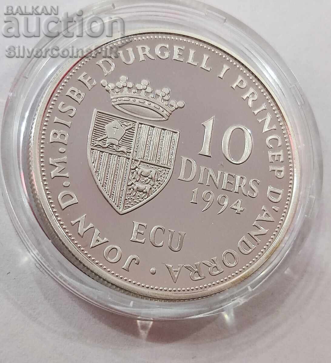 Silver 10 Dinars United Nations 1994 Andorra - 5 Silver 10 Dinars United Nations 1994 Andorra - 5
