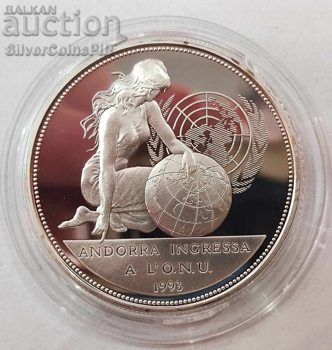 Silver 10 Dinars United Nations 1994 Andorra Silver 10 Dinars United Nations 1994 Andorra