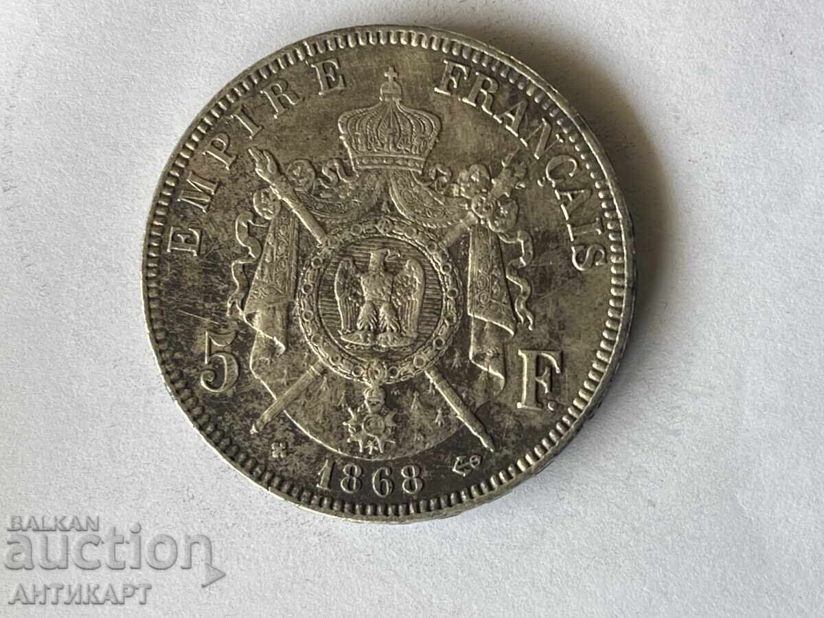 France Rare Silver Coin 5 Francs 1868 Silver with price 68.00 BGN | € 34.77