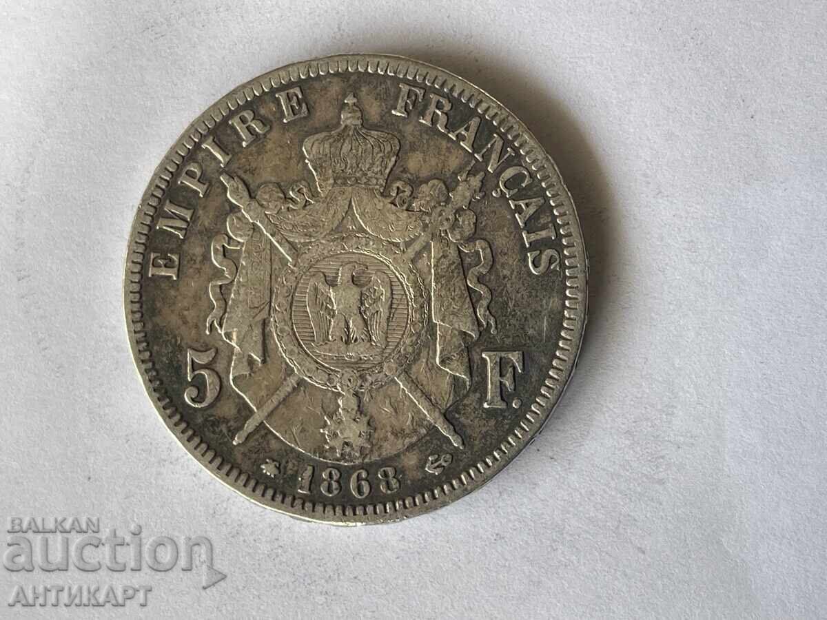 France Rare Silver Coin 5 Francs 1868 Silver