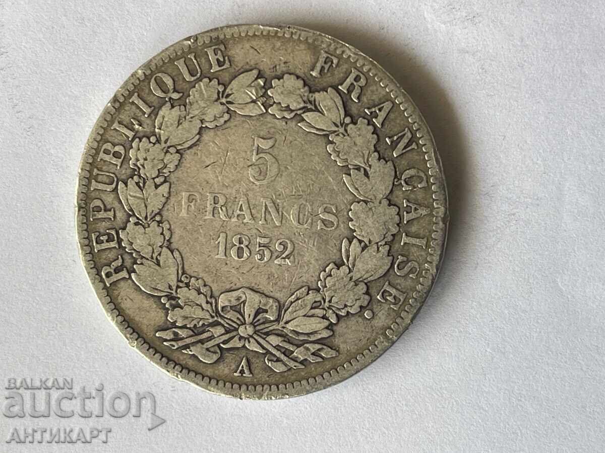 France Rare Silver Coin 5 Francs 1852 Silver