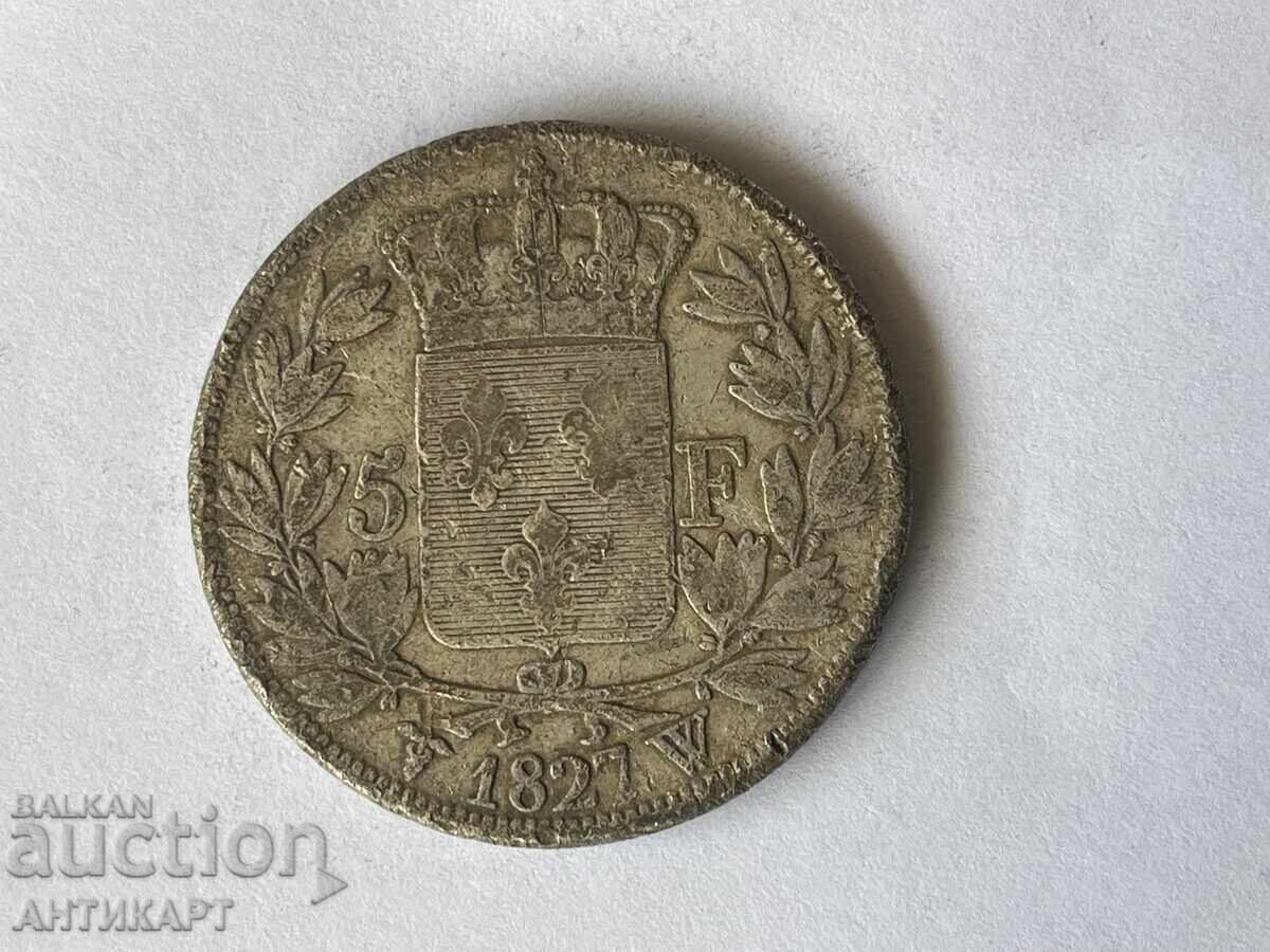 Франция рядка сребърна монета 5 франка Charles X 1827 сребро