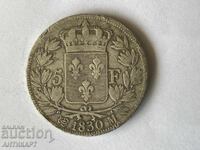 Franța monedă rară de argint 5 franci Charles X 1830 M
