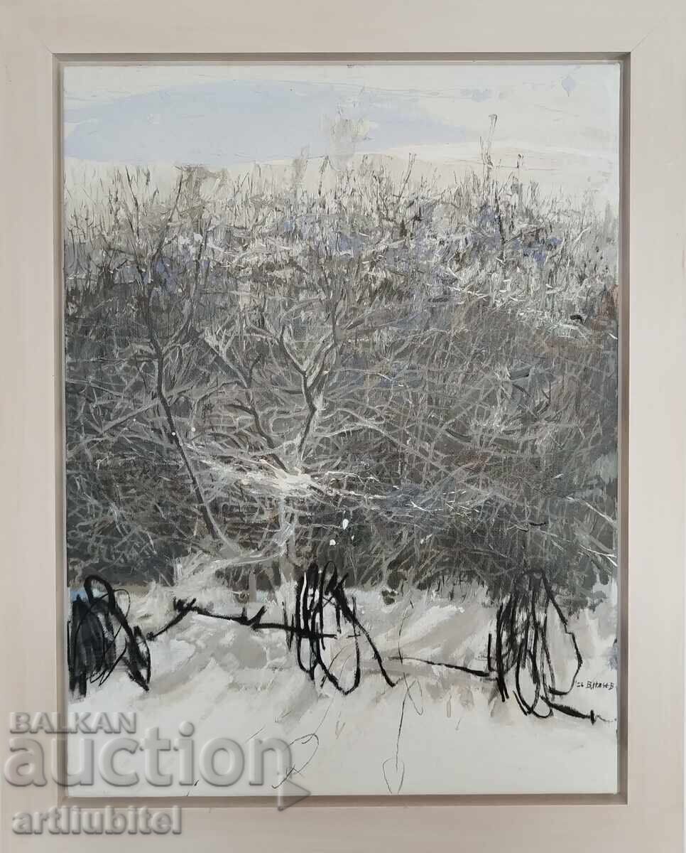 Veselin Nachev, tablou "Iarnă/ curte" ulei pe pânză, 97 x 77 cm
