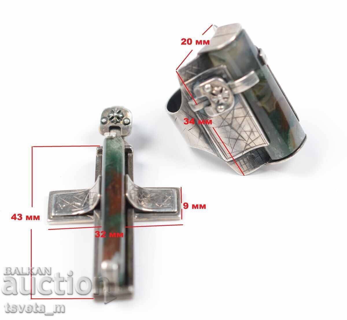 Ανδρικό ασημένιο δαχτυλίδι και μενταγιόν σταυρός με μοσχοαχάτη 35,2 γρ με τιμή 160.00 BGN | € 81.81