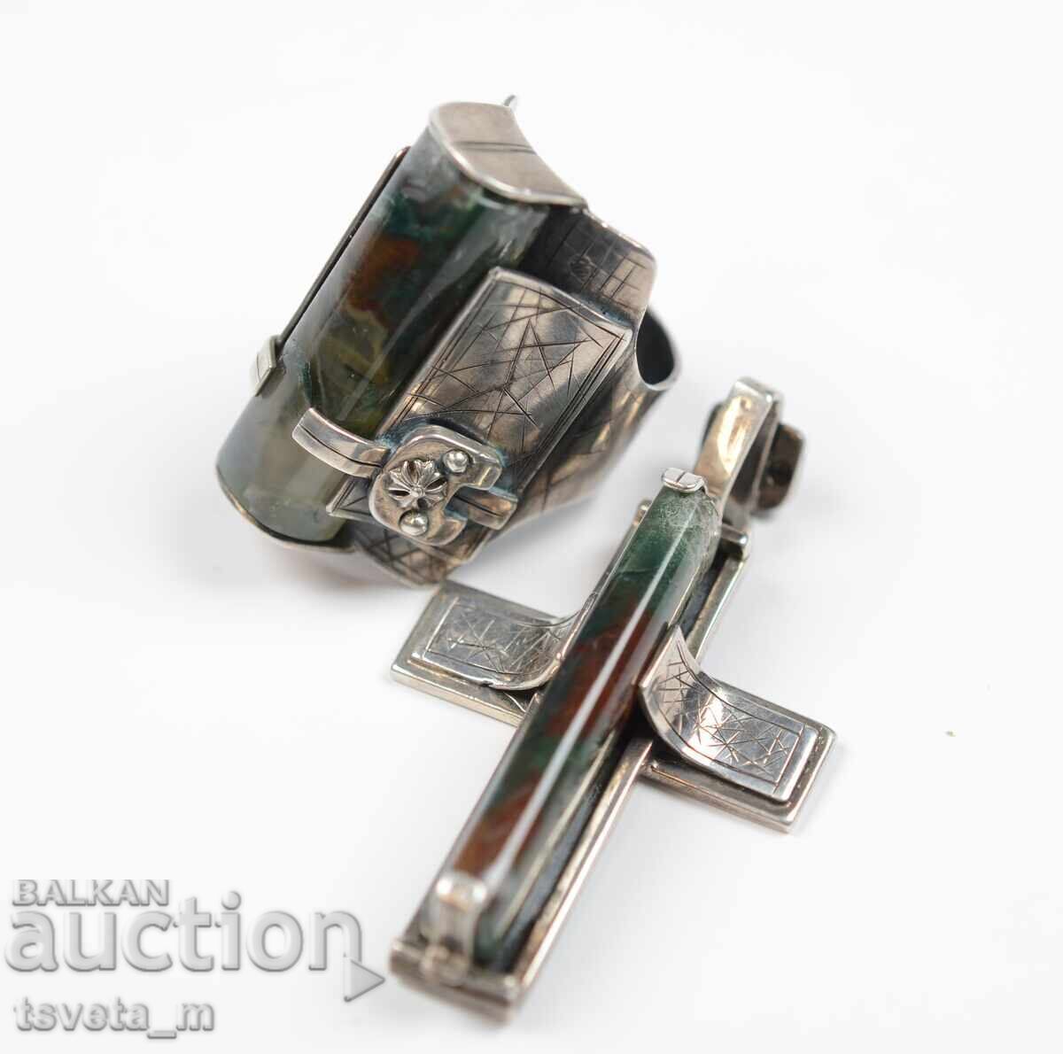 Ανδρικό ασημένιο δαχτυλίδι και μενταγιόν σταυρός με μοσχοαχάτη 35,2 γρ - 6